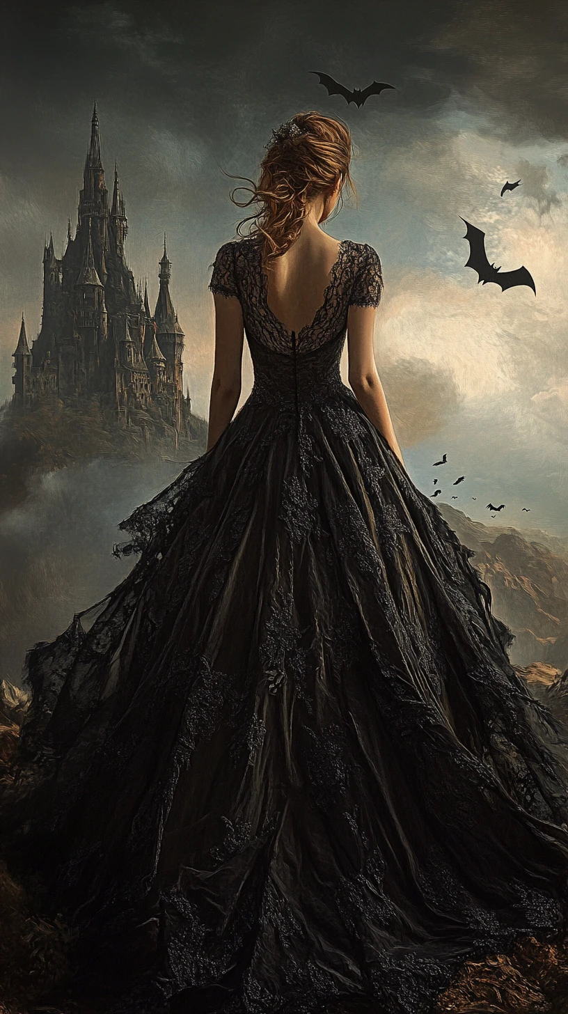 Donna mistica fantasy davanti a un castello minaccioso al crepuscolo