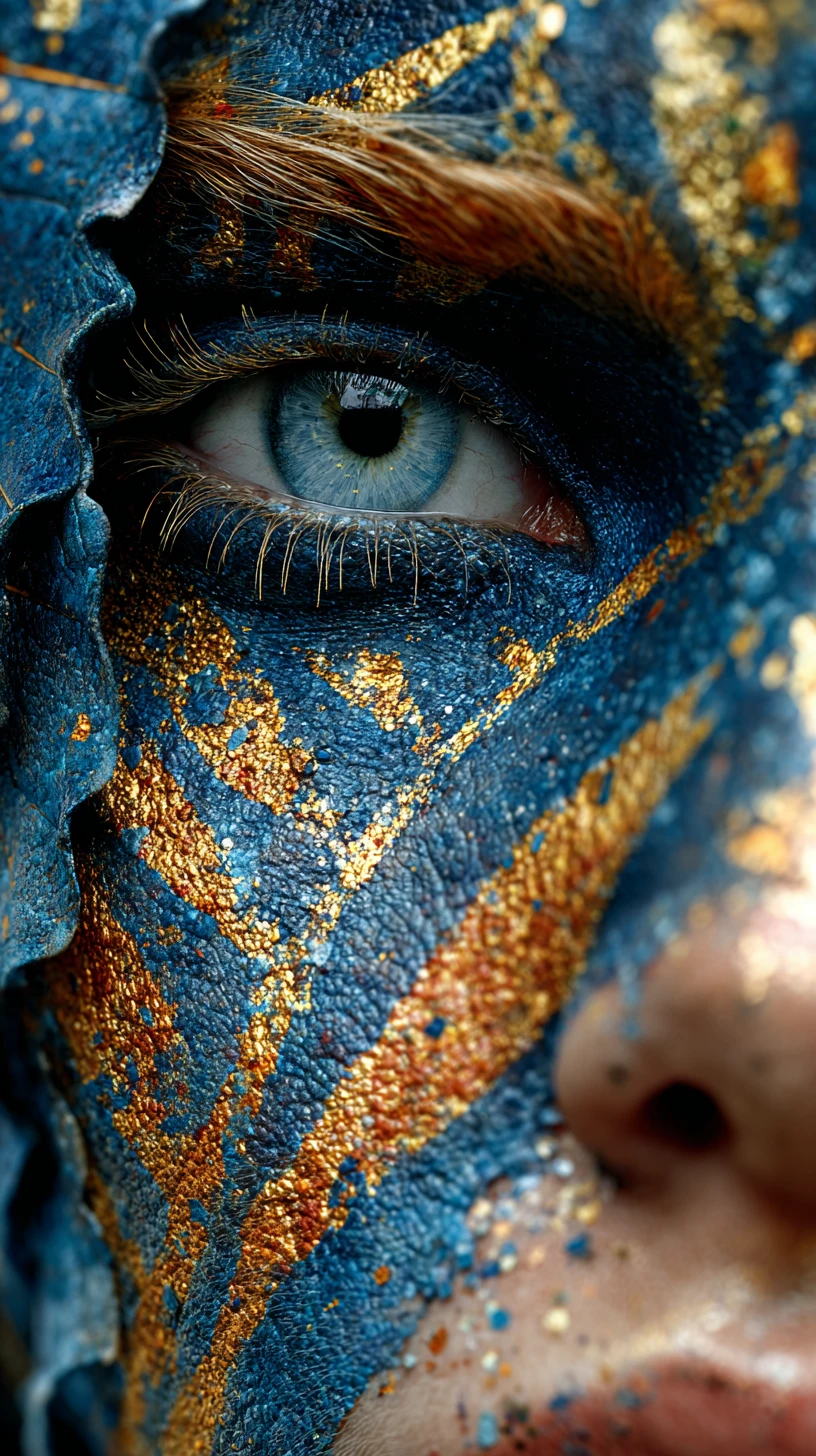Donna mistica incorniciata da foglie blu e luce dorata