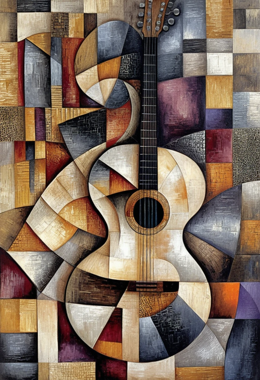 Cubist acoustic guitar fragmented into colorful geometric planes