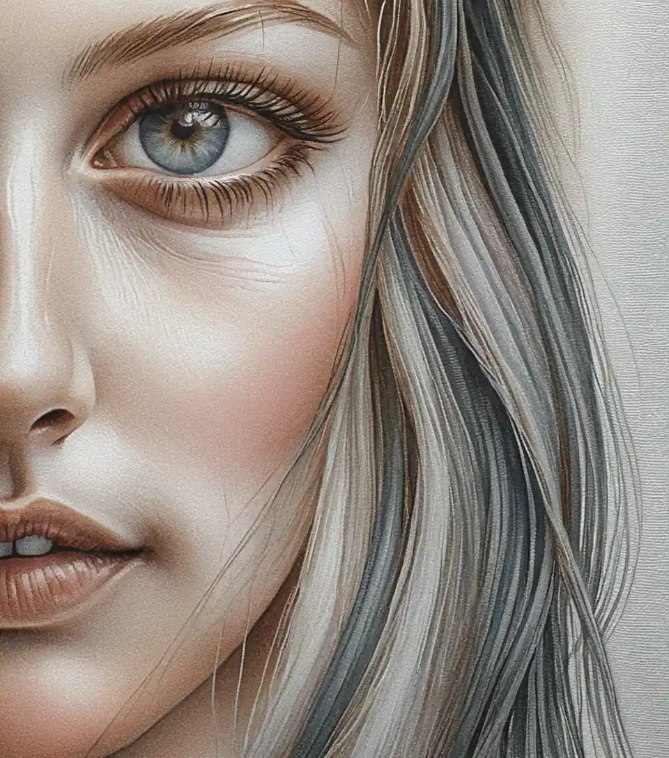 Gros plan en graphite sur l’œil, le nez et les lèvres d’une femme