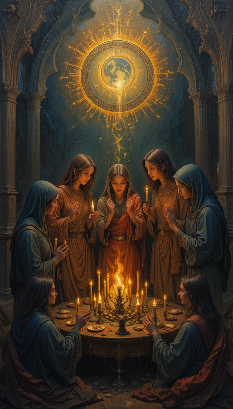 People praying in a circle holding glowing candles