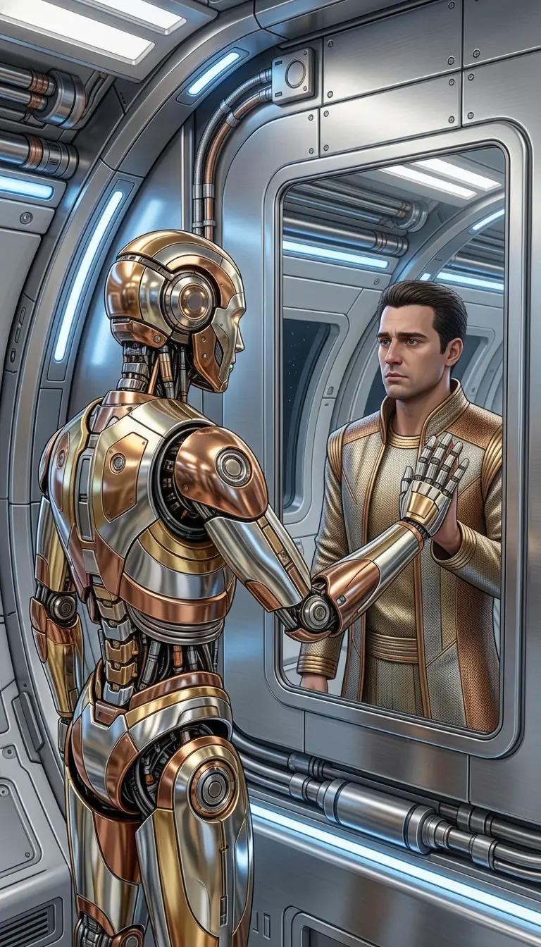 Humanoid robot touching a mirror with a human reflection