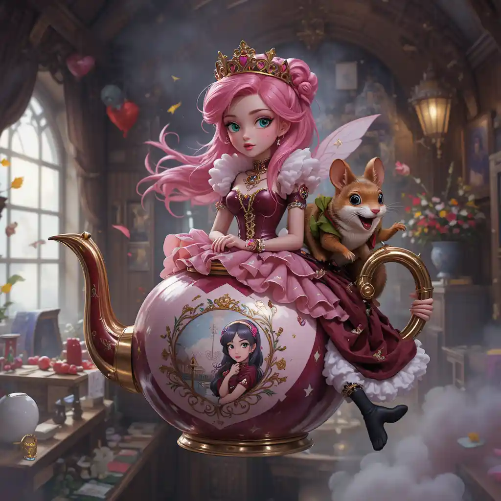 Fantasy queen flying in a teapot through the sky