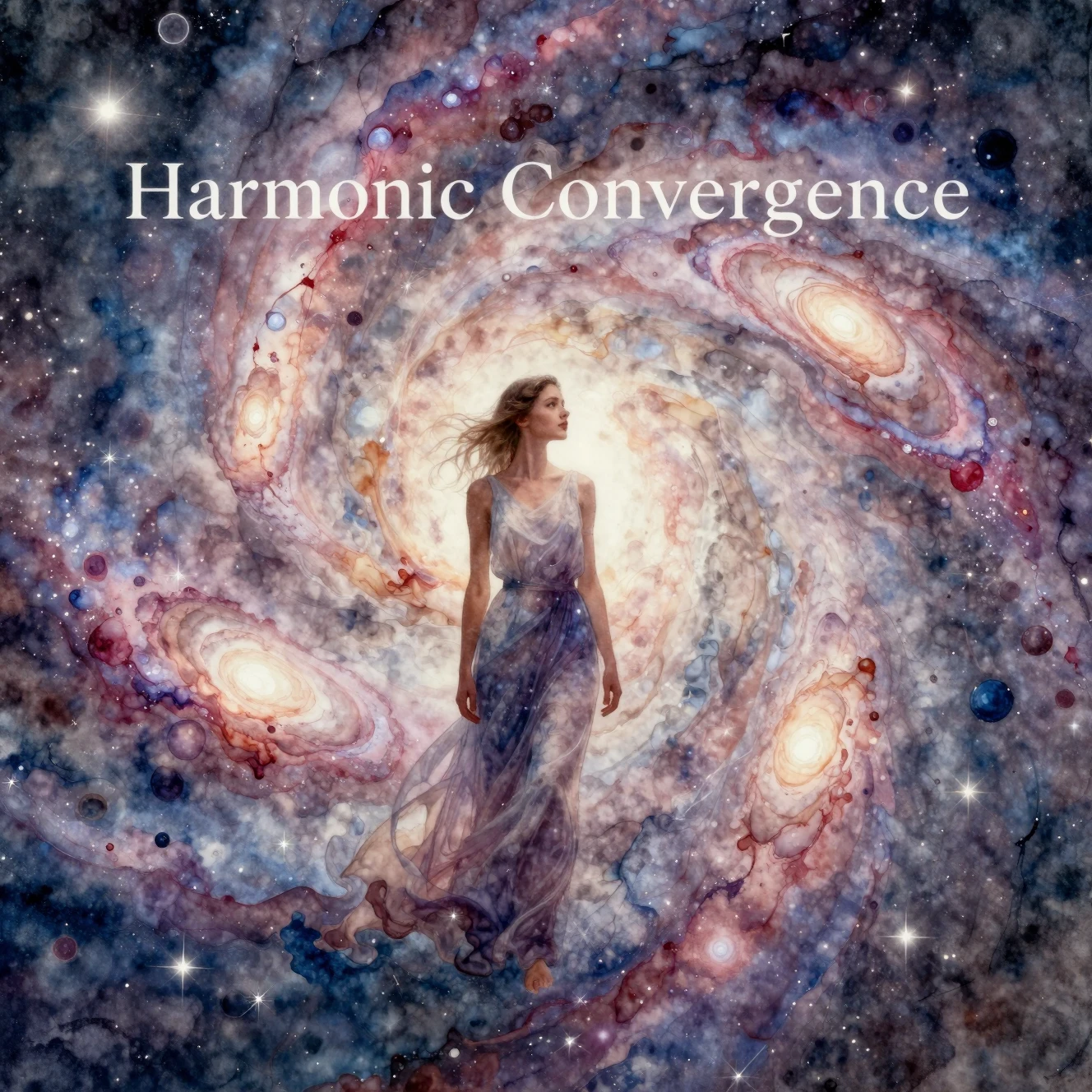 Young woman in serene watercolor galaxies and nebulae