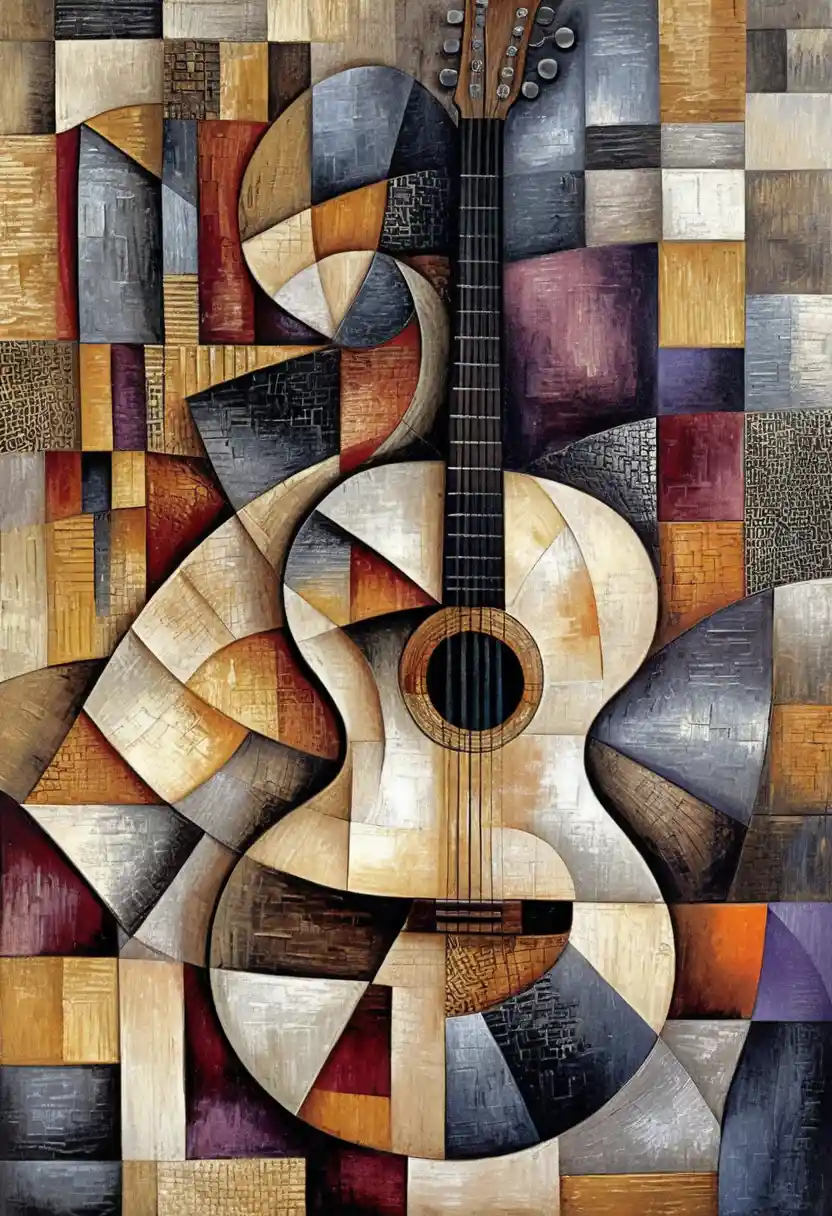 Cubist acoustic guitar fragmented into colorful geometric planes