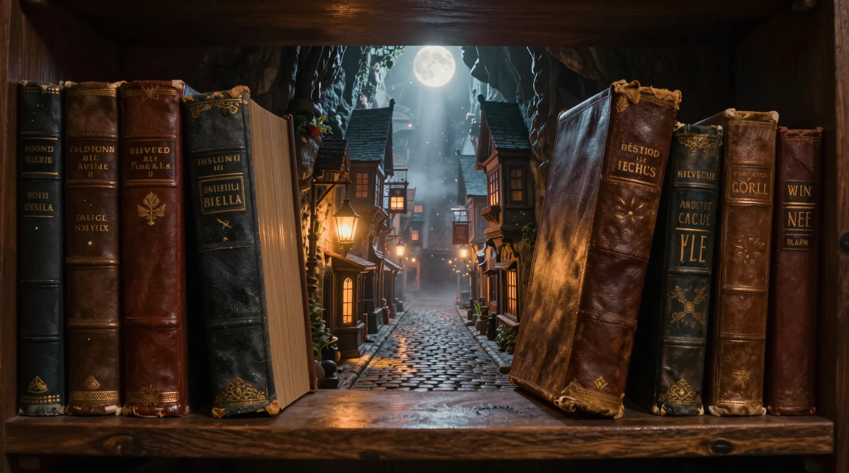 Calle fantástica en miniatura oculta entre imponentes libros de biblioteca