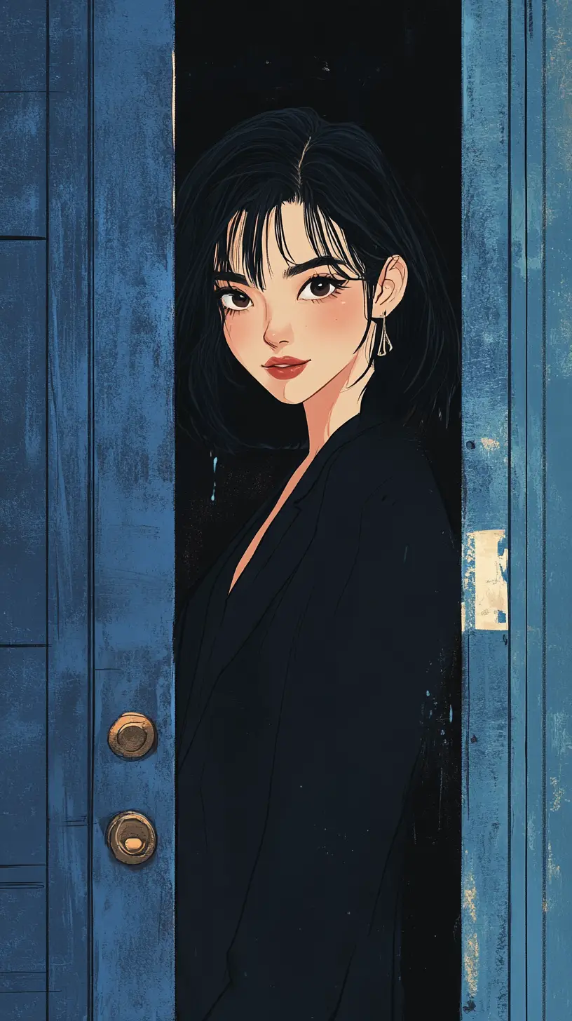 Smiling young woman peeking from a dark blue door