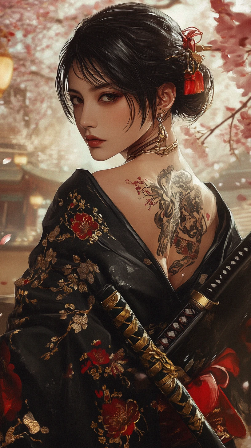 Samurai woman in black kimono with katana and tattoos