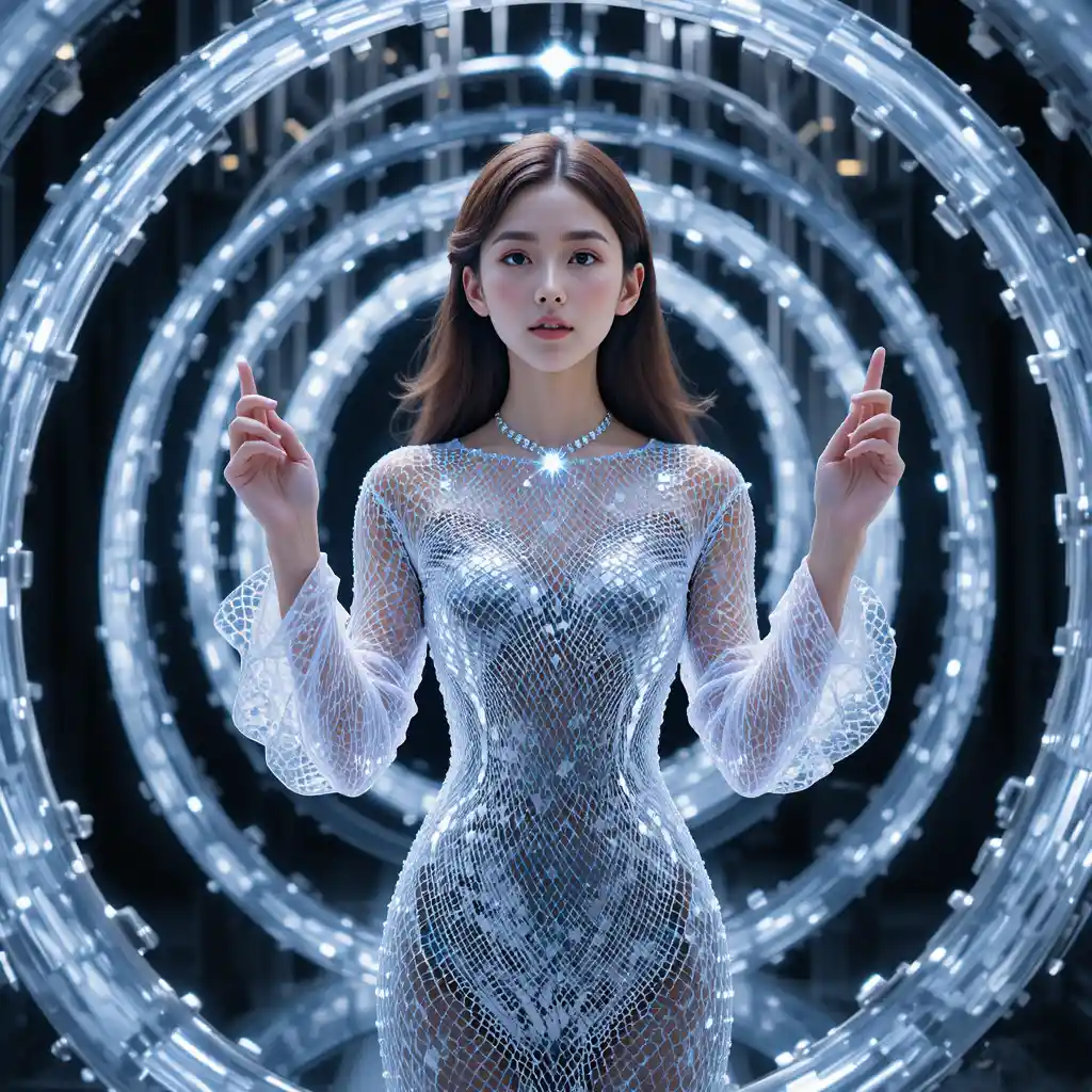 어둠 속에서 빛나는 크리스털 사운드를 지휘하는 한국 여성