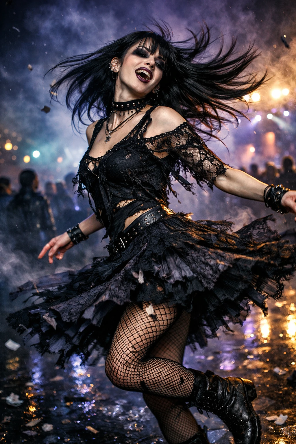 Gothic woman dancing wildly at a dark wave festival