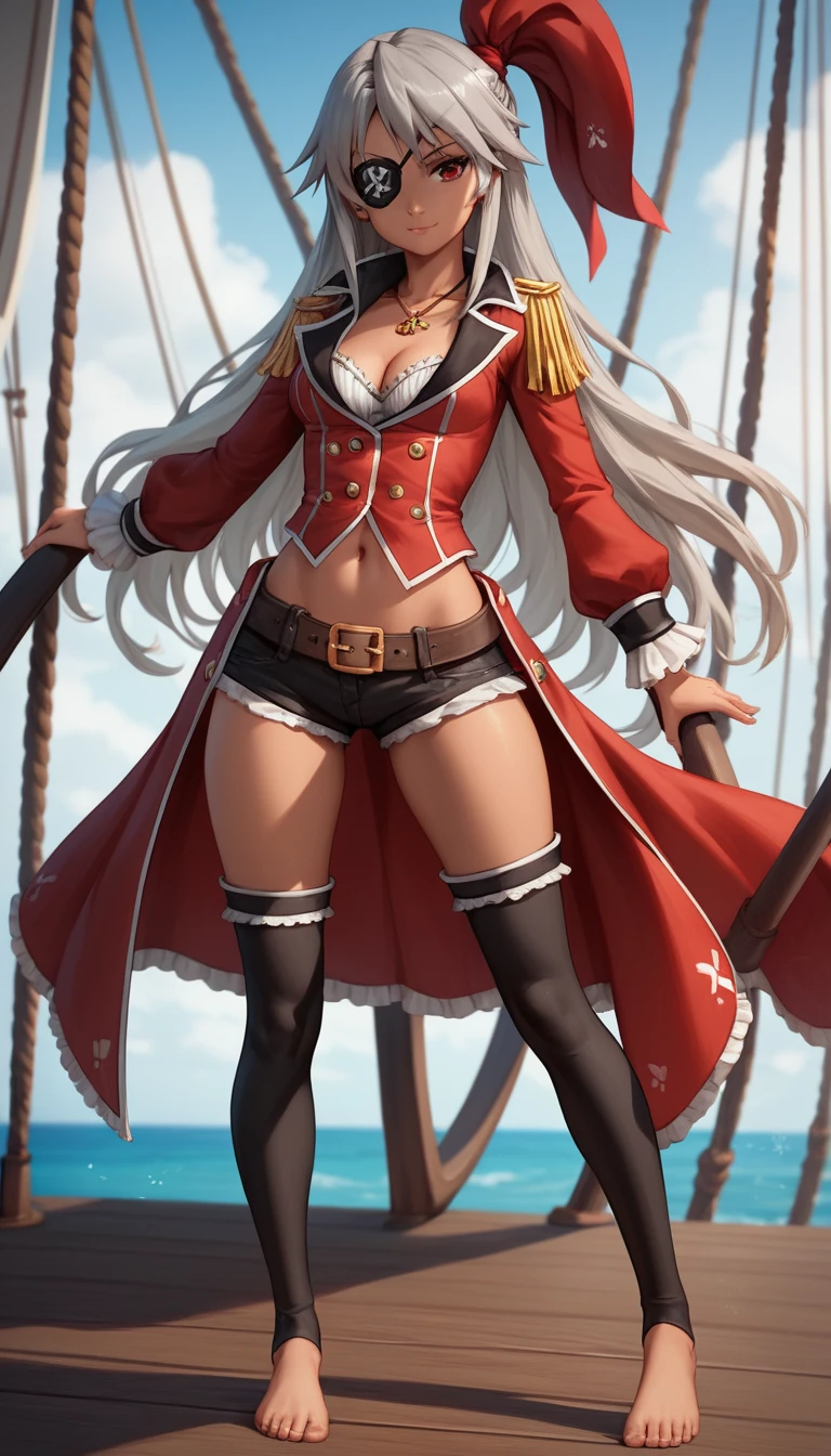 Ragazza pirata anime con benda sull'occhio sul ponte di una nave