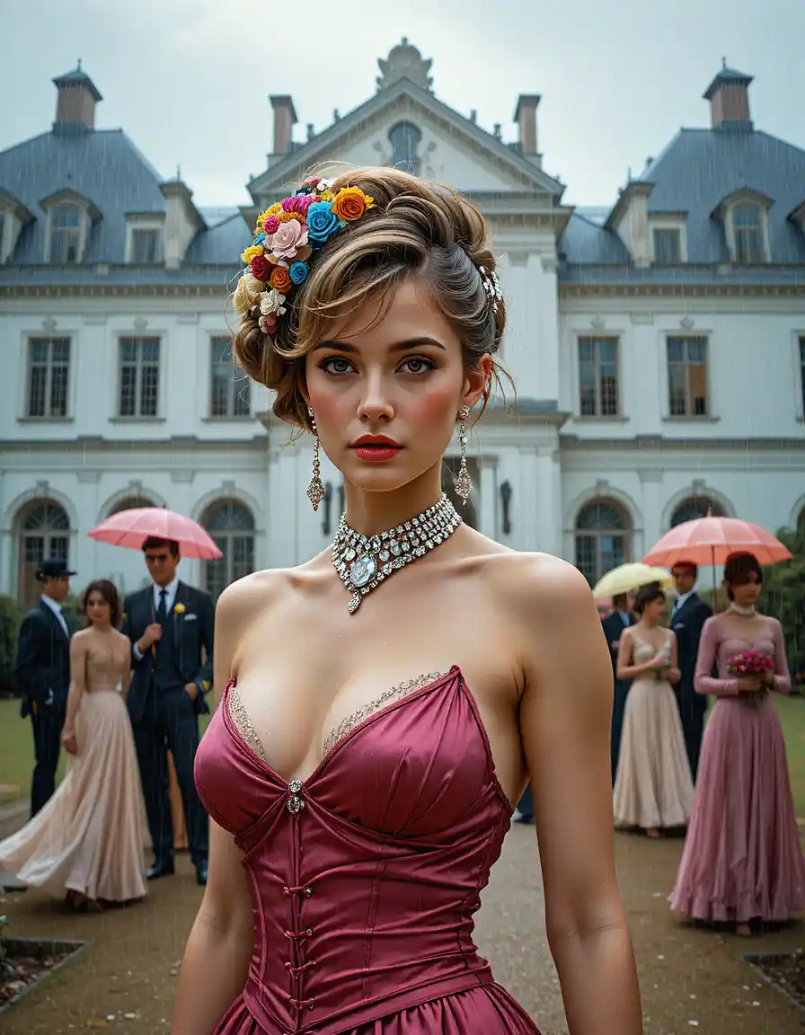 Elegant woman in retro gown before a grand white mansion