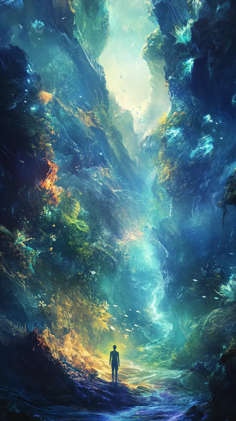 Lone Figure Walking Through Mystical Fantasy Mountain Landscape