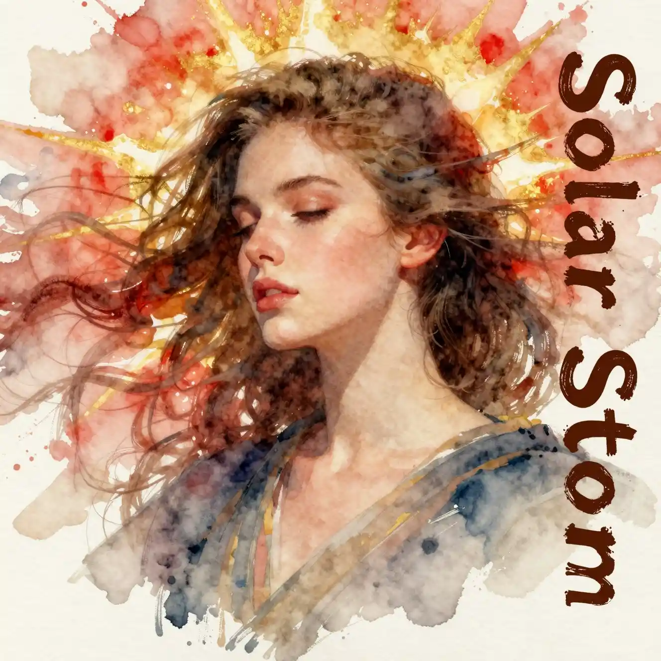 Watercolor portrait of a young woman in a solar storm