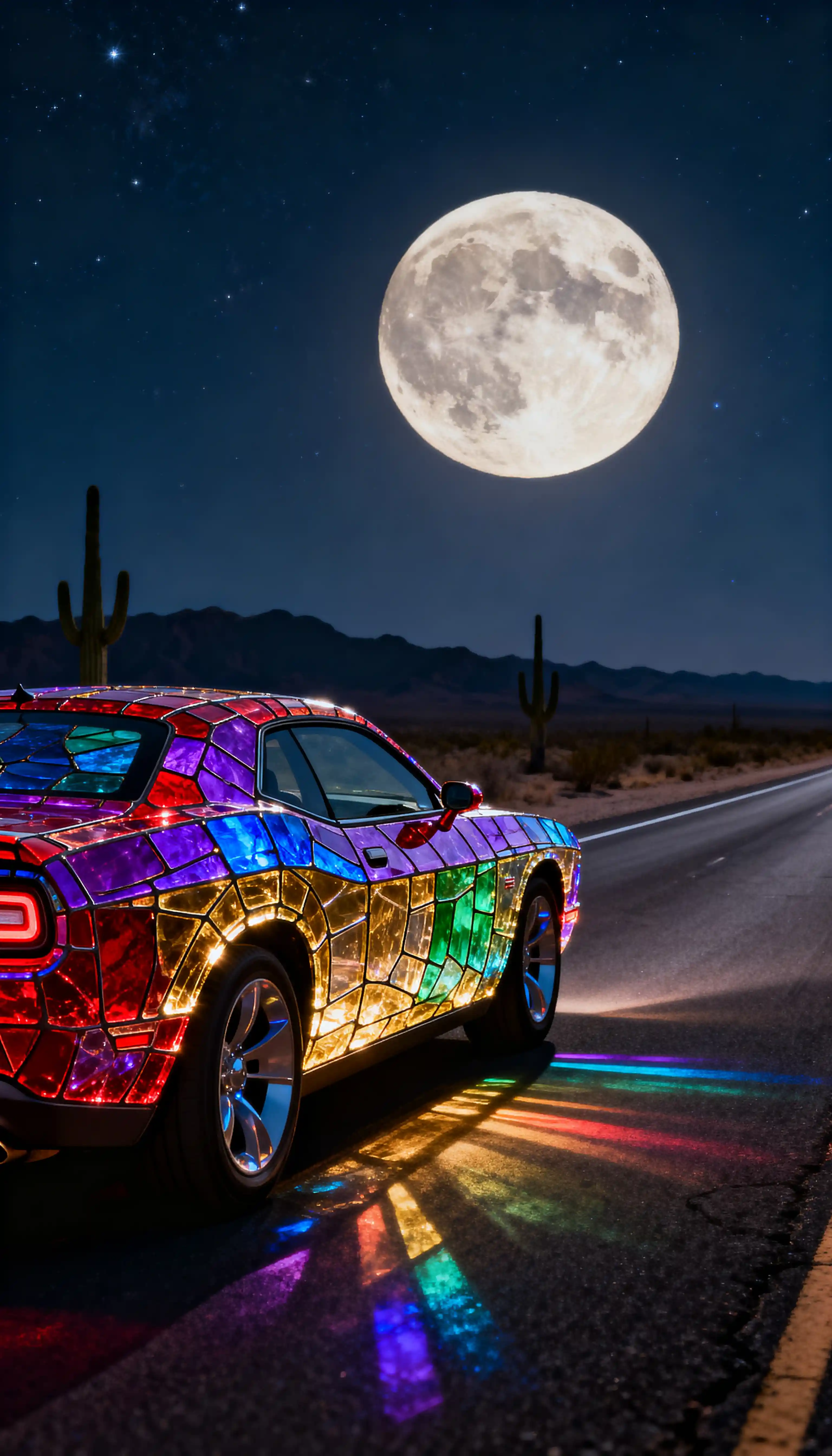 Stained Glass Muscle Car On Desert Highway At Night
