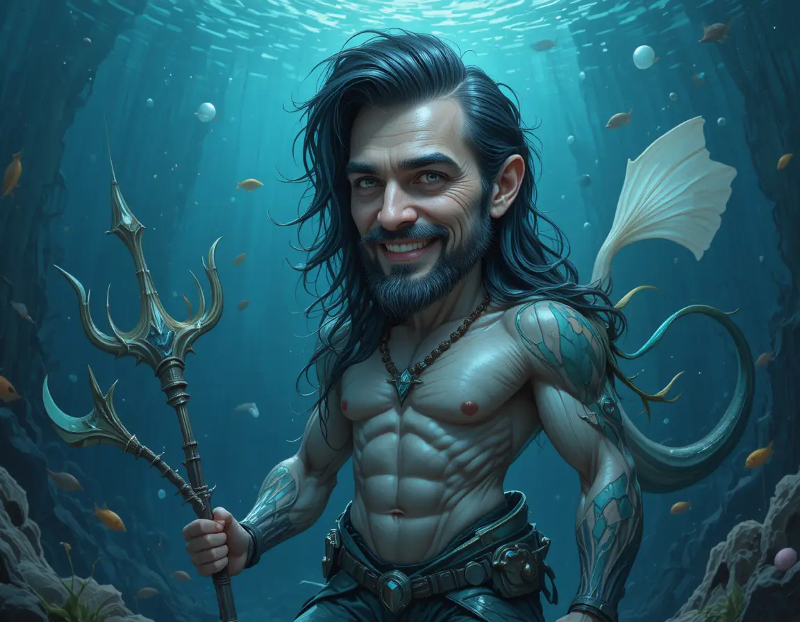 深藍海洋中的持槍健壯人魚戰士
