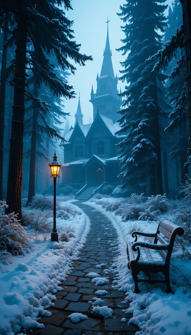 Villa vittoriana che emerge dalla nebbia in una foresta innevata