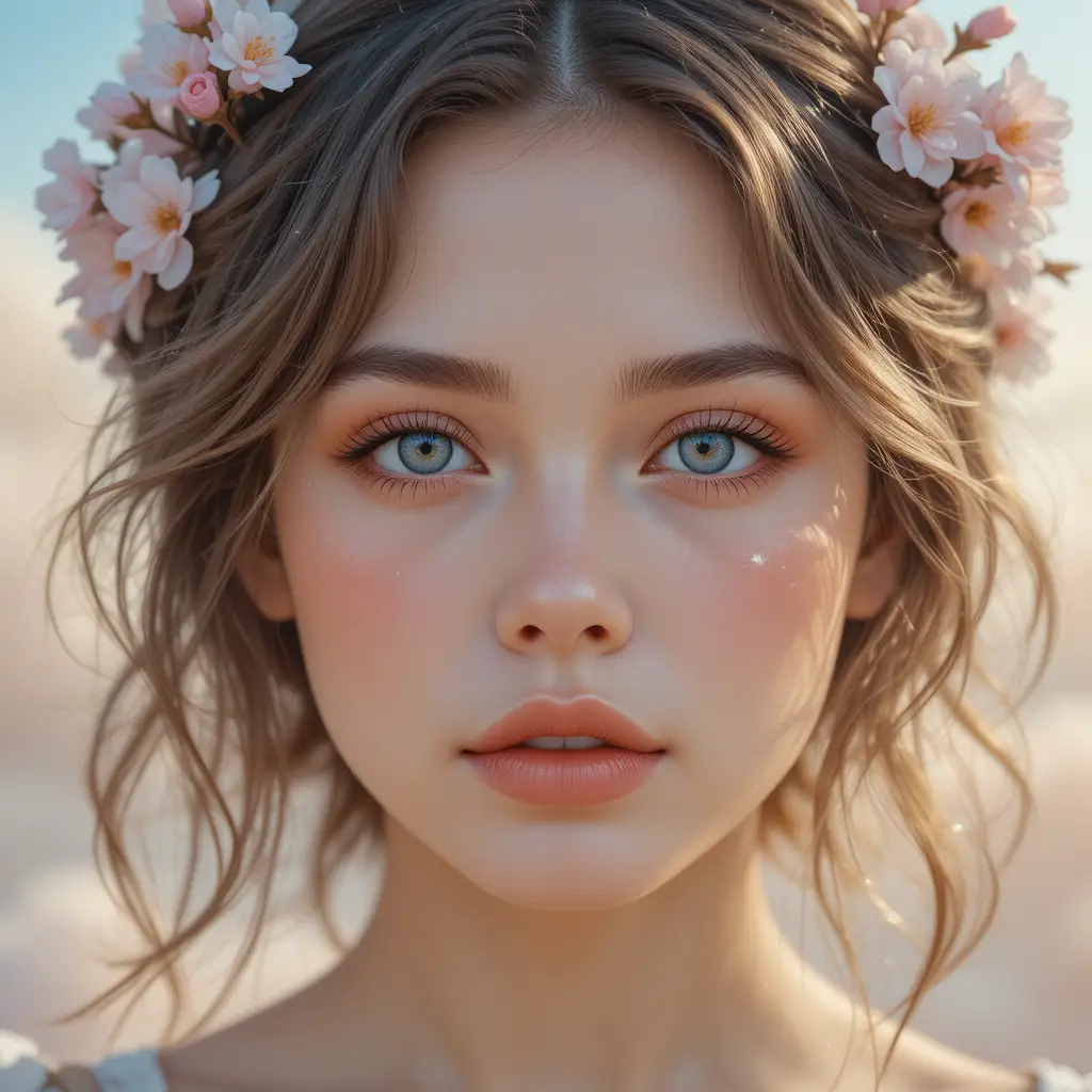 Retrato en primer plano onírico de chica con flores de cerezo