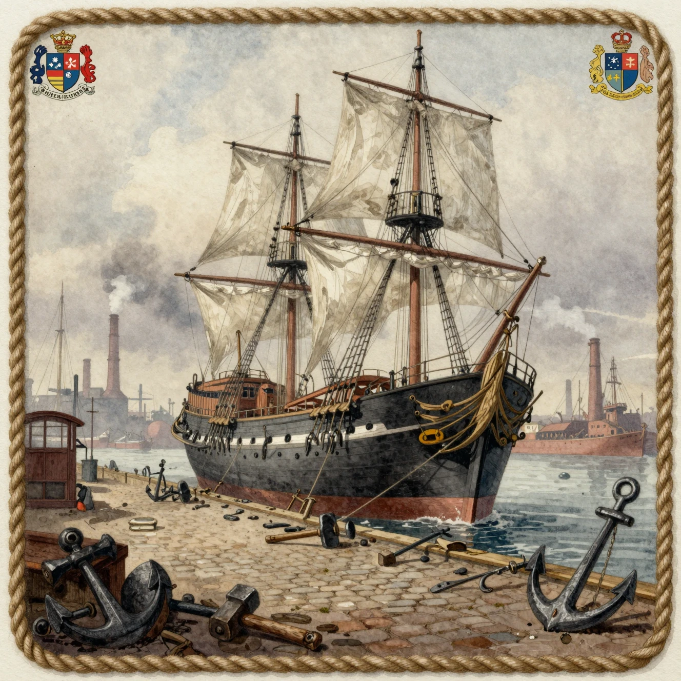 Grand sailing ship in an industrial harbor watercolor illustration