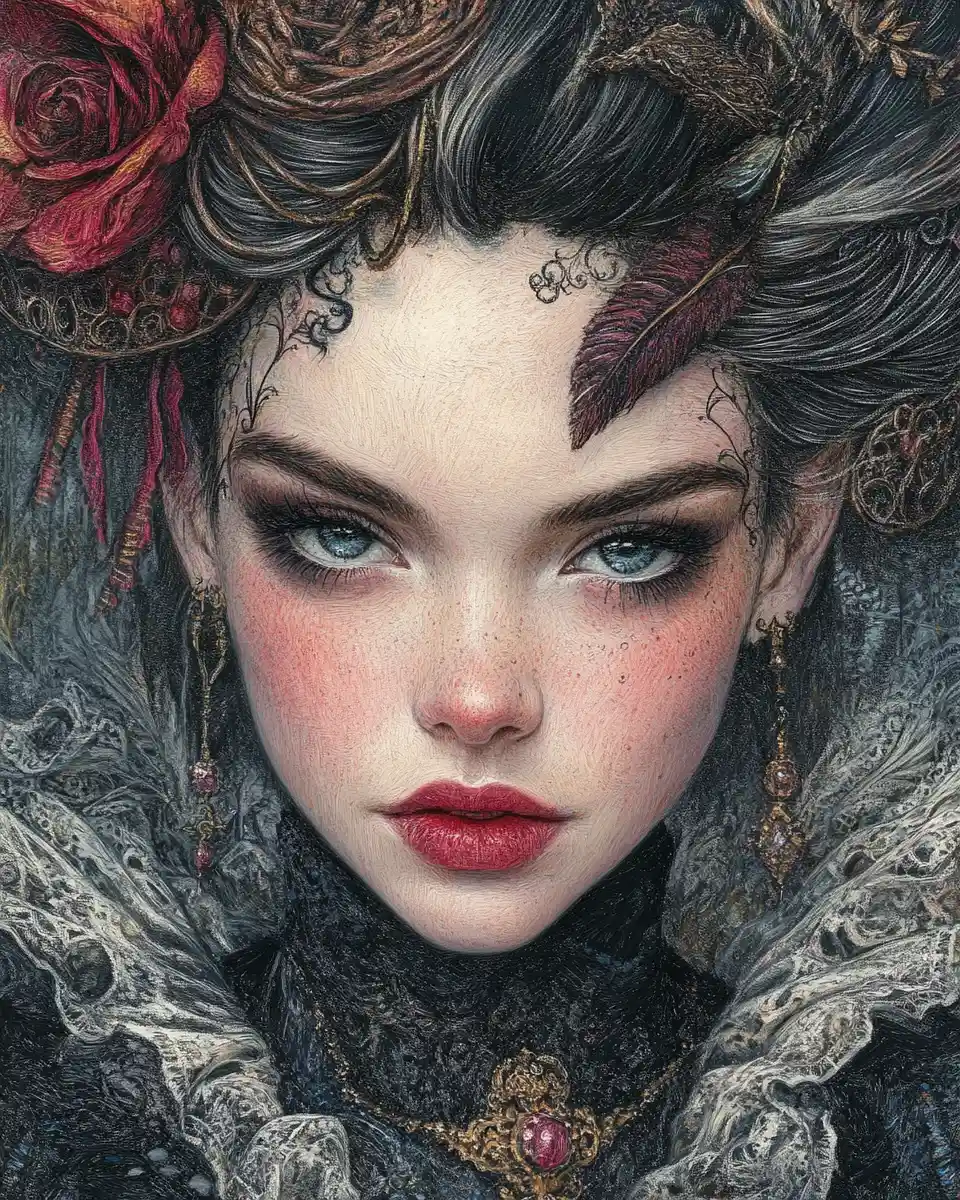 Gothic-Fantasy-Porträt einer Frau mit aufwendiger Rokoko-Frisur