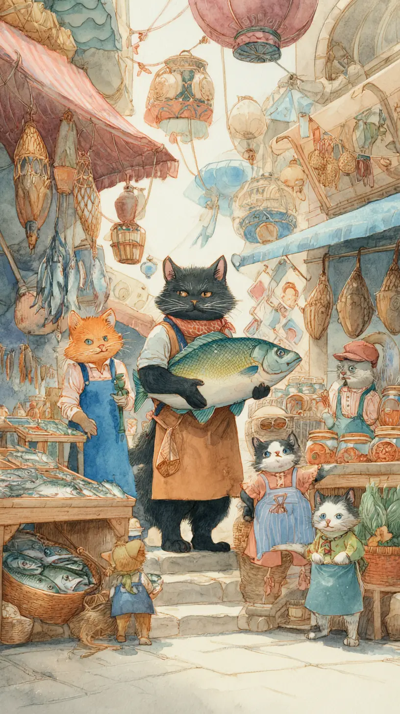 Anthropomorphic cats in a lively watercolor market scene