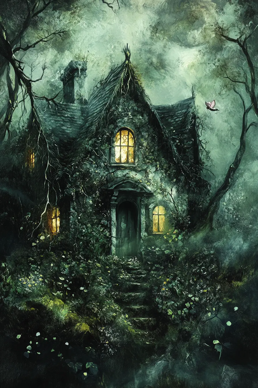 Melancholic witch cottage hidden deep in the forest