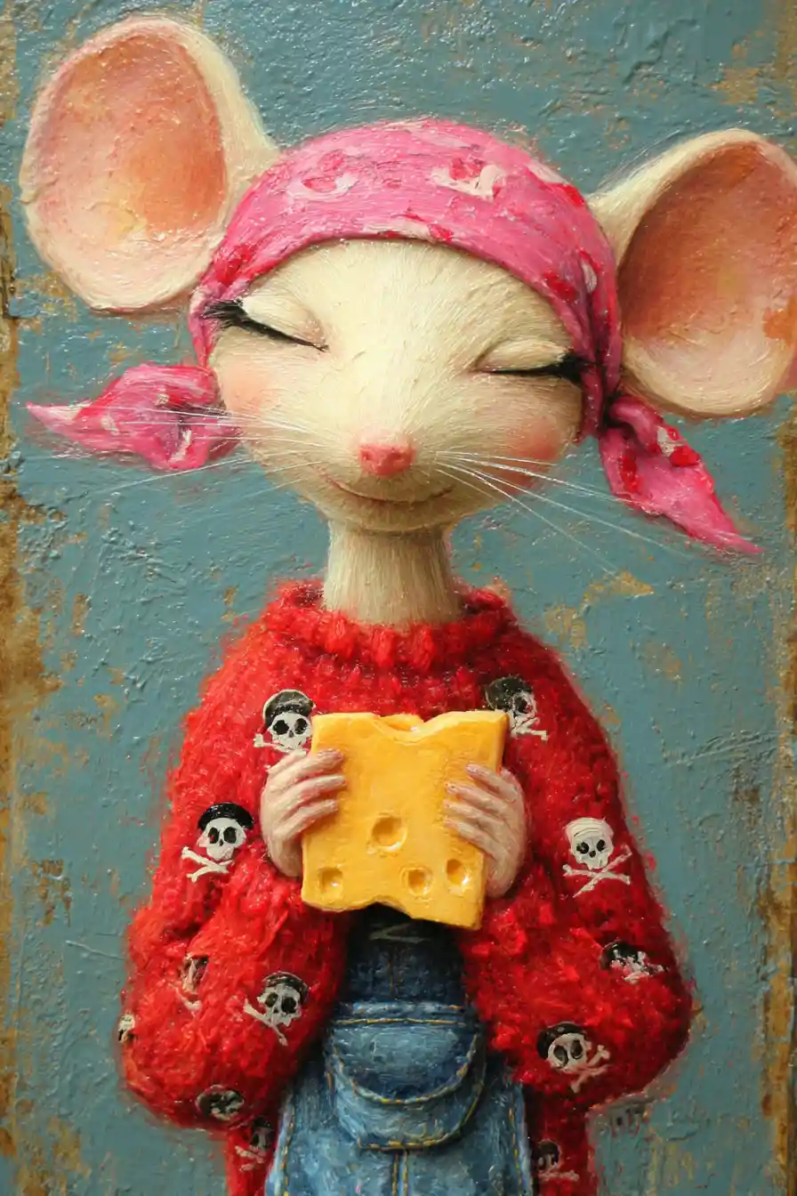 Slim mouse lady biting cheese in mixed media portrait