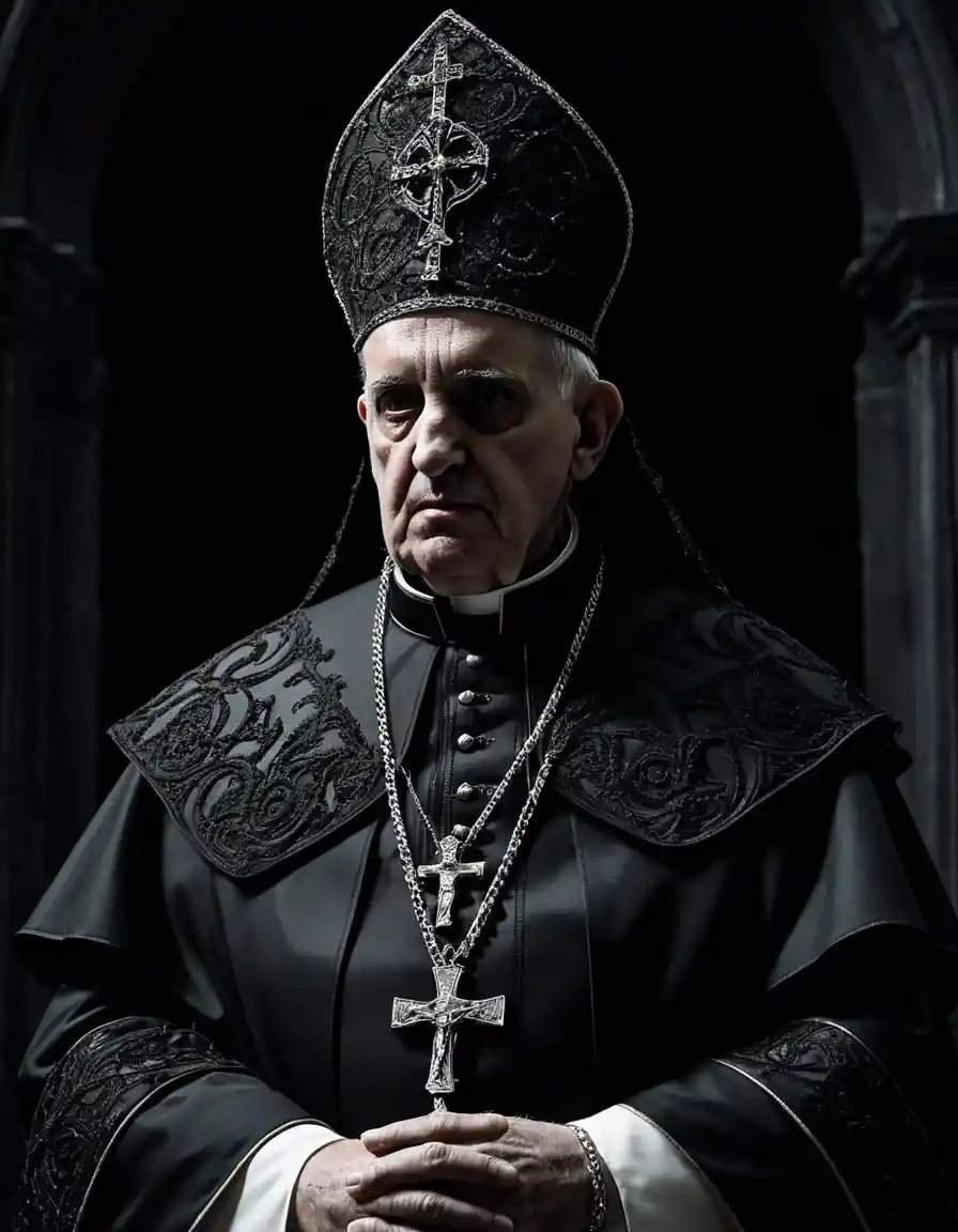 Dark Orthodox pope figure shrouded in ominous shadows