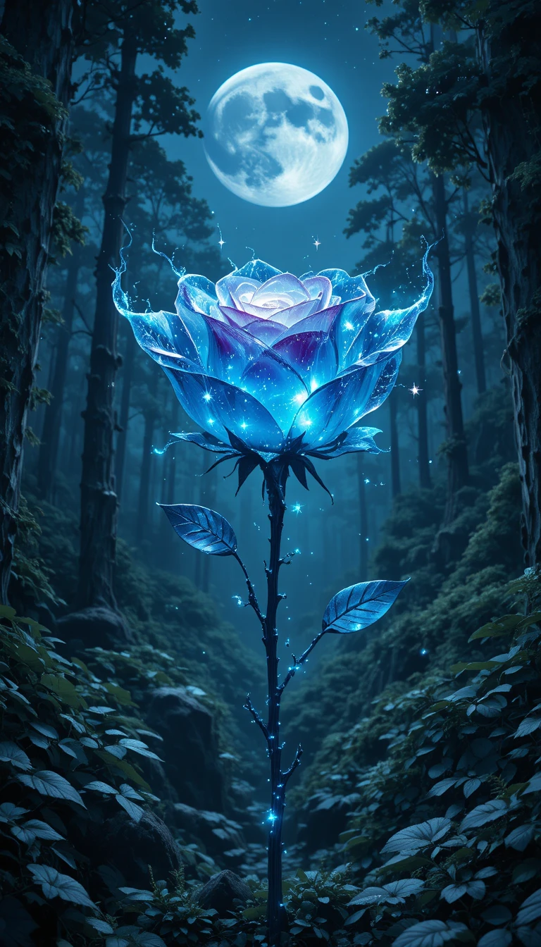 Rosa de vidrio luminosa que brilla en un bosque encantado a la luz de la luna