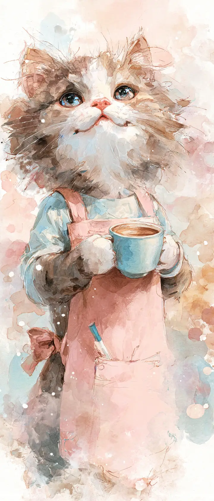 Cute kitten barista illustration in a cozy cafe