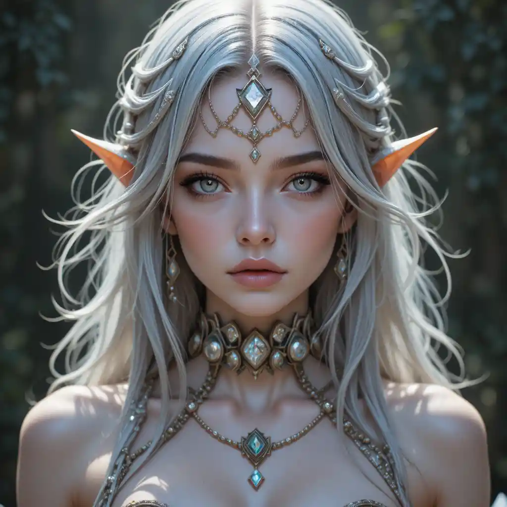 Silver skinned goddess with golden eyes and glowing chains