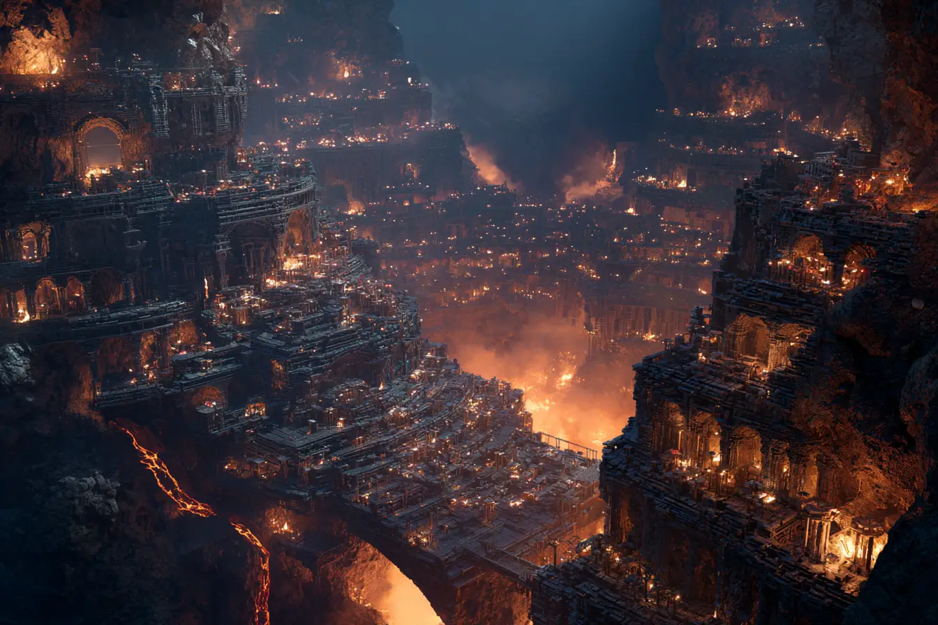 Vast Dwarven City Built Inside A Volcanic Caldera
