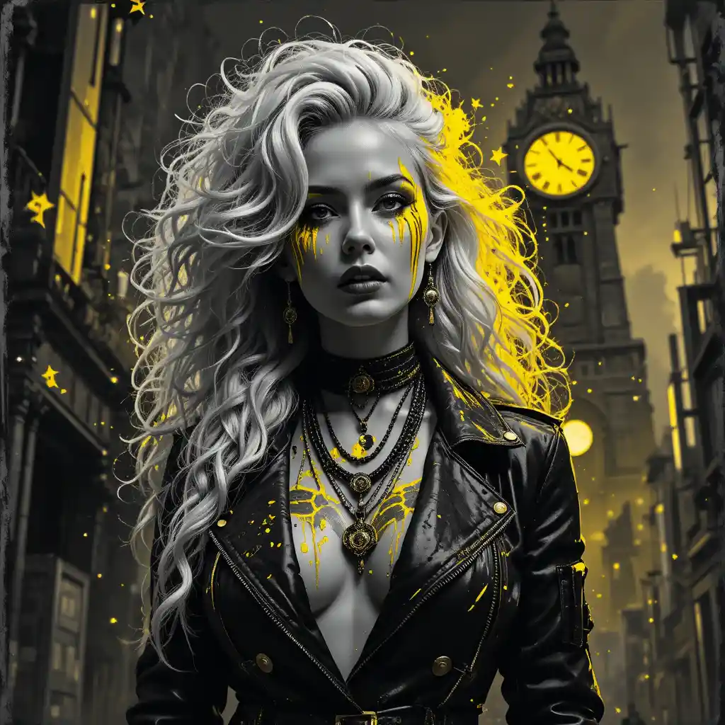 Cyberpunk outlaw woman with neon glitch street art aura