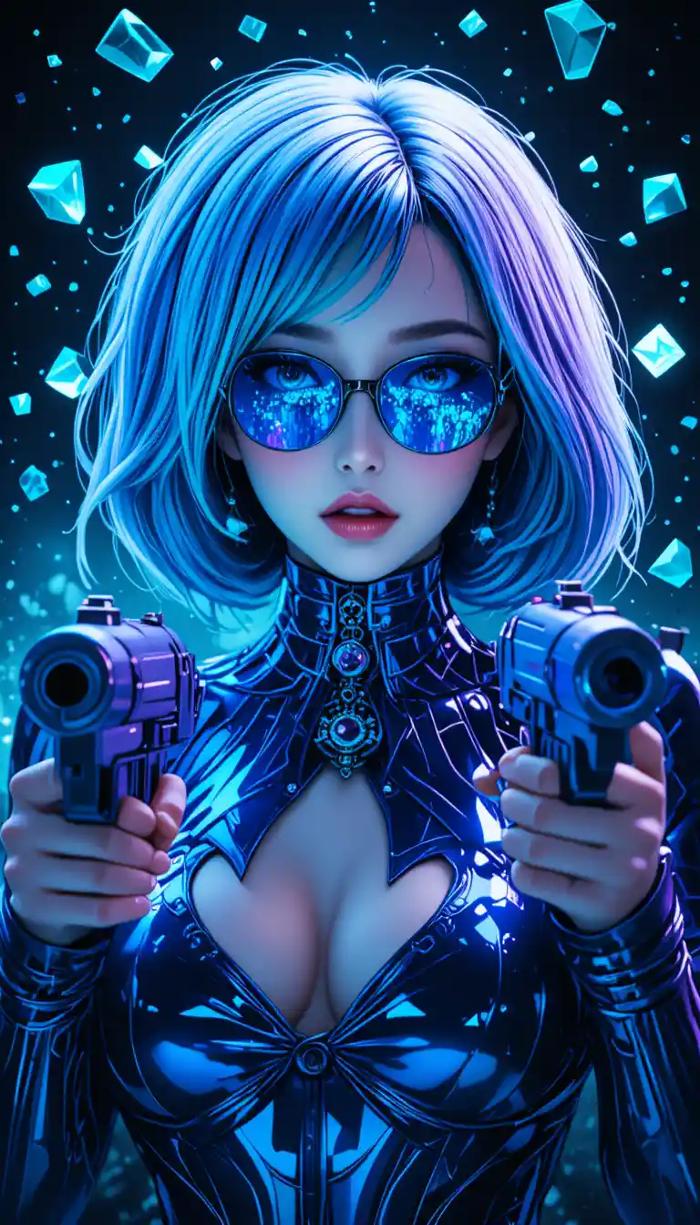 Cyberpunk woman with floating crystals in cosmic void