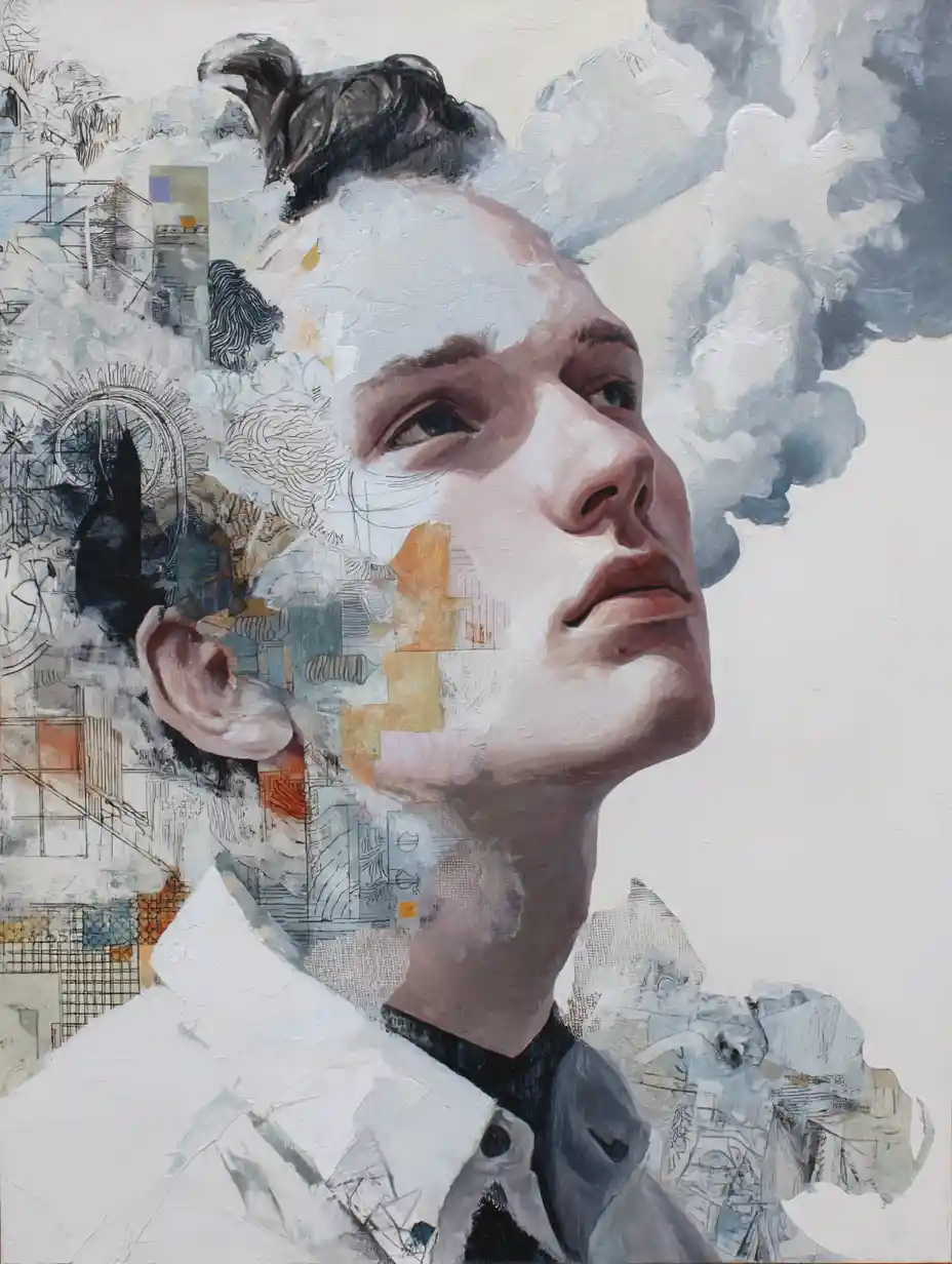 Retrato surreal en primer plano que fusiona la realidad y las emociones internas
