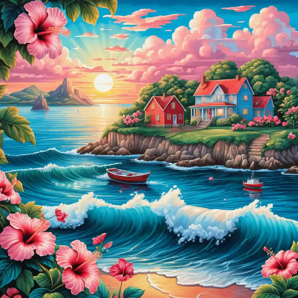 Colorful seaside town at sunset with a small red ship