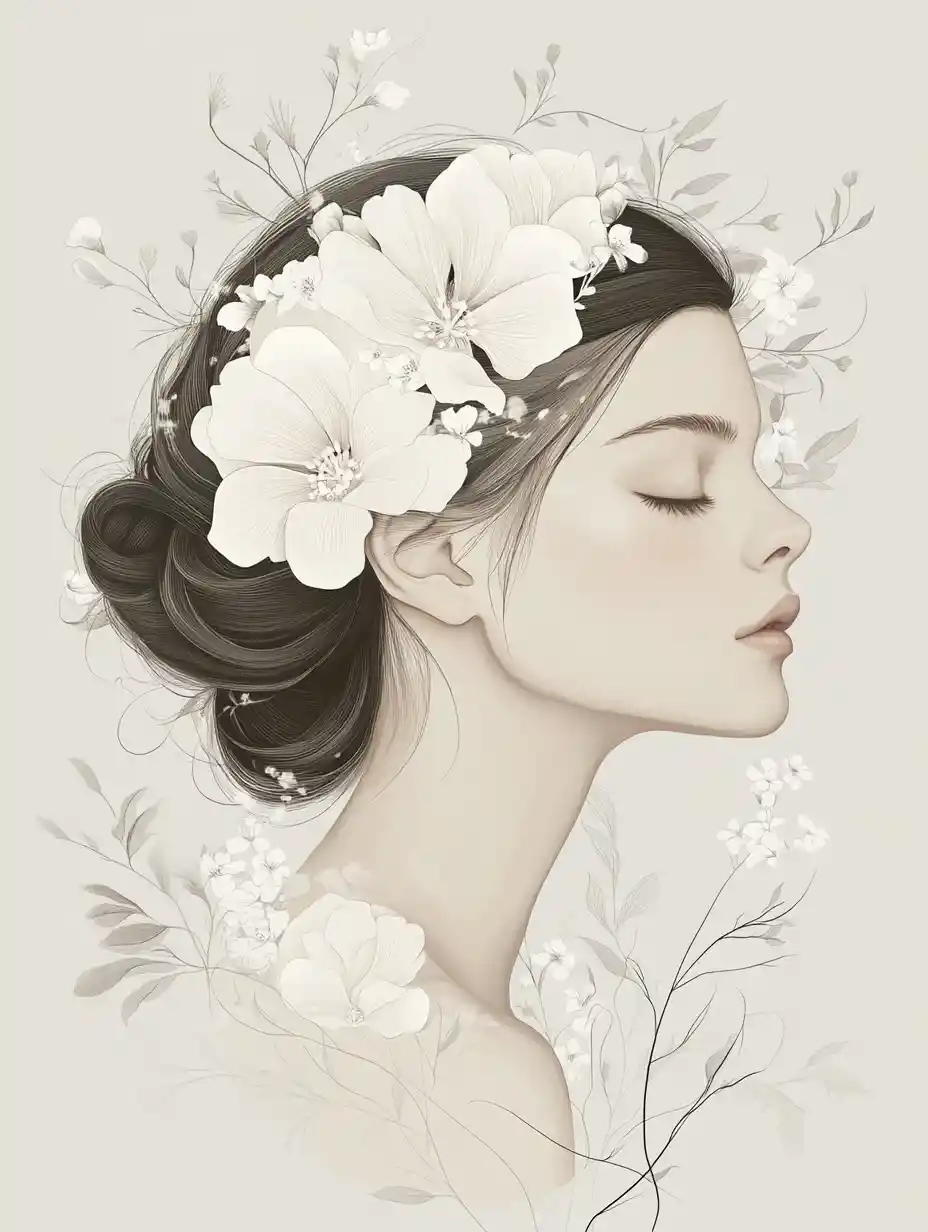 Mulher serena com coque floral em retrato minimalista em tons de cinza