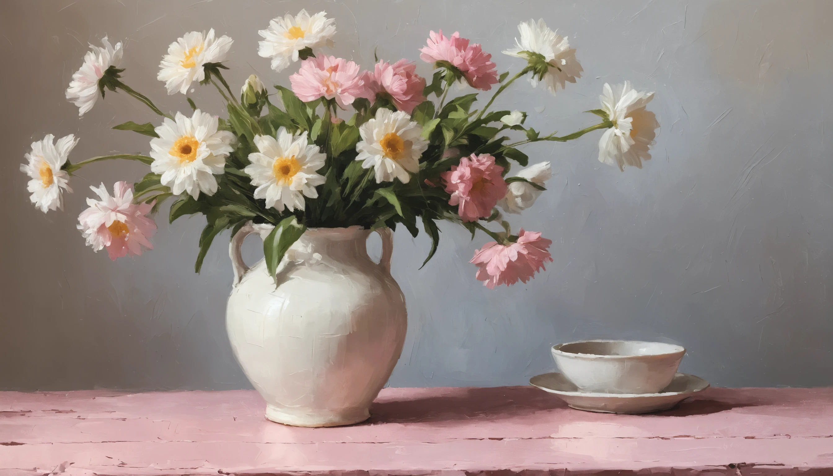 Impressionist oil painting of a flower vase on pink table