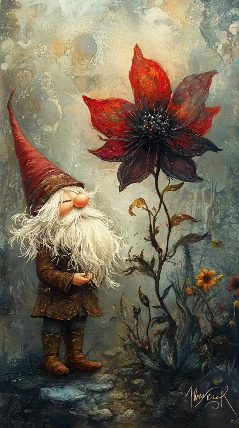 Whimsical gnome beside mystical flower in soft misty light