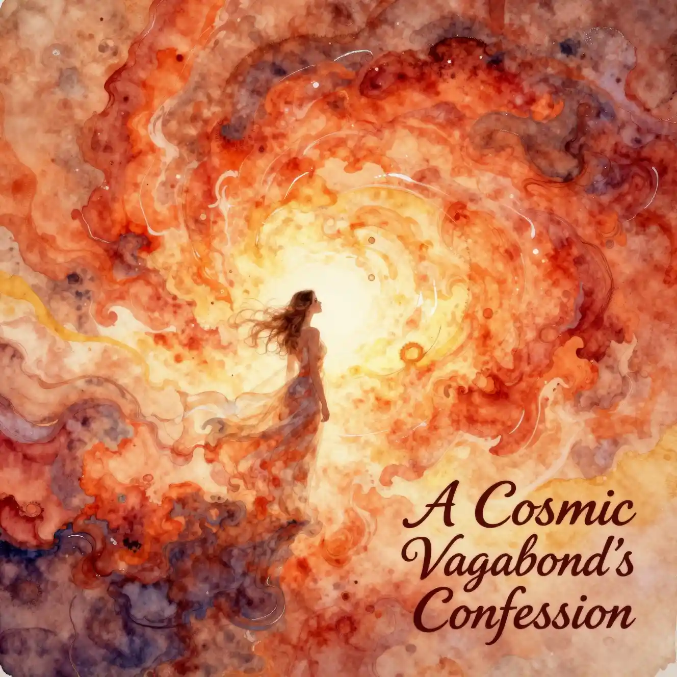 Watercolor girl adrift in swirling cosmic storm light