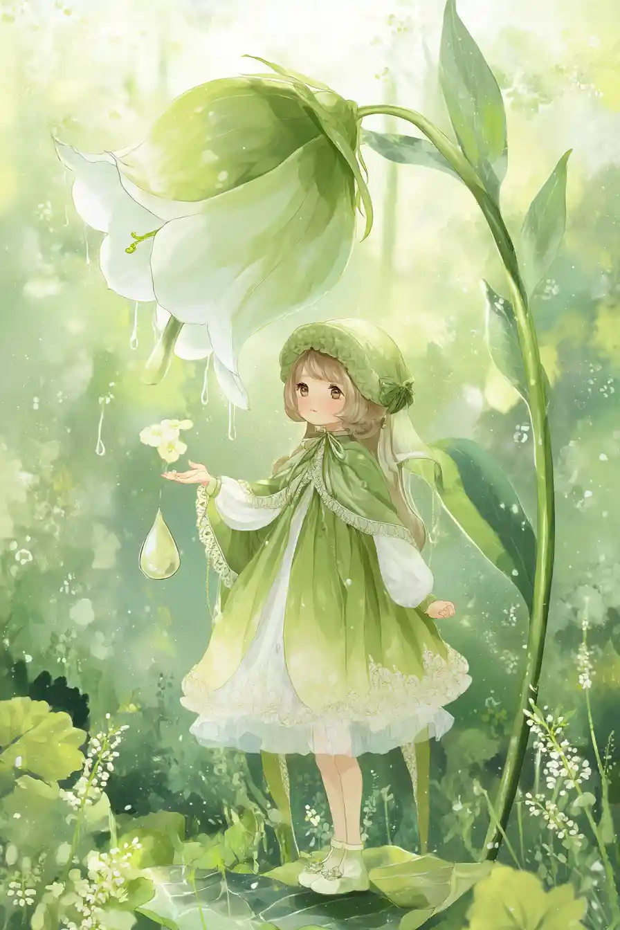 Joyful fairy girl beneath a giant spring bellflower