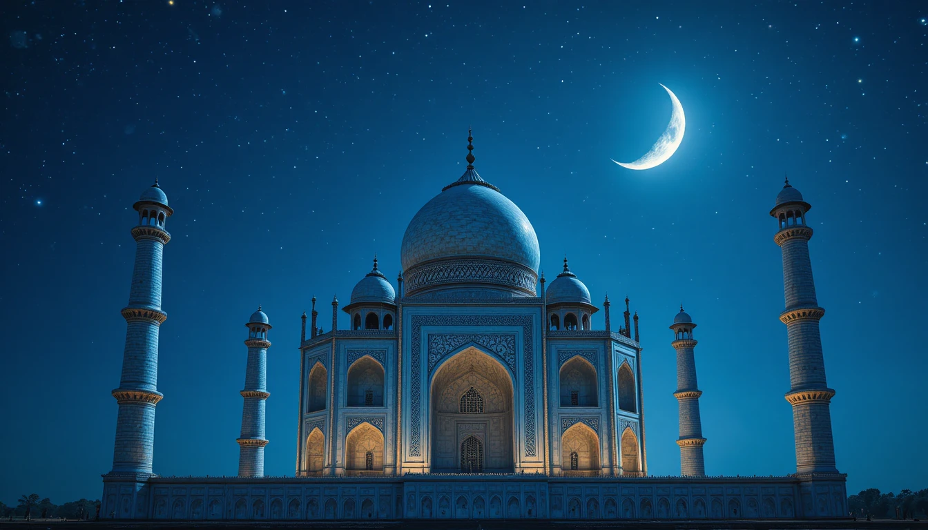 Taj Mahal glowing under a star filled deep blue night sky