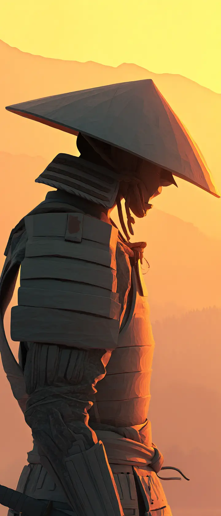 Samurai In Meditative Profile At Dawn In Anime Style