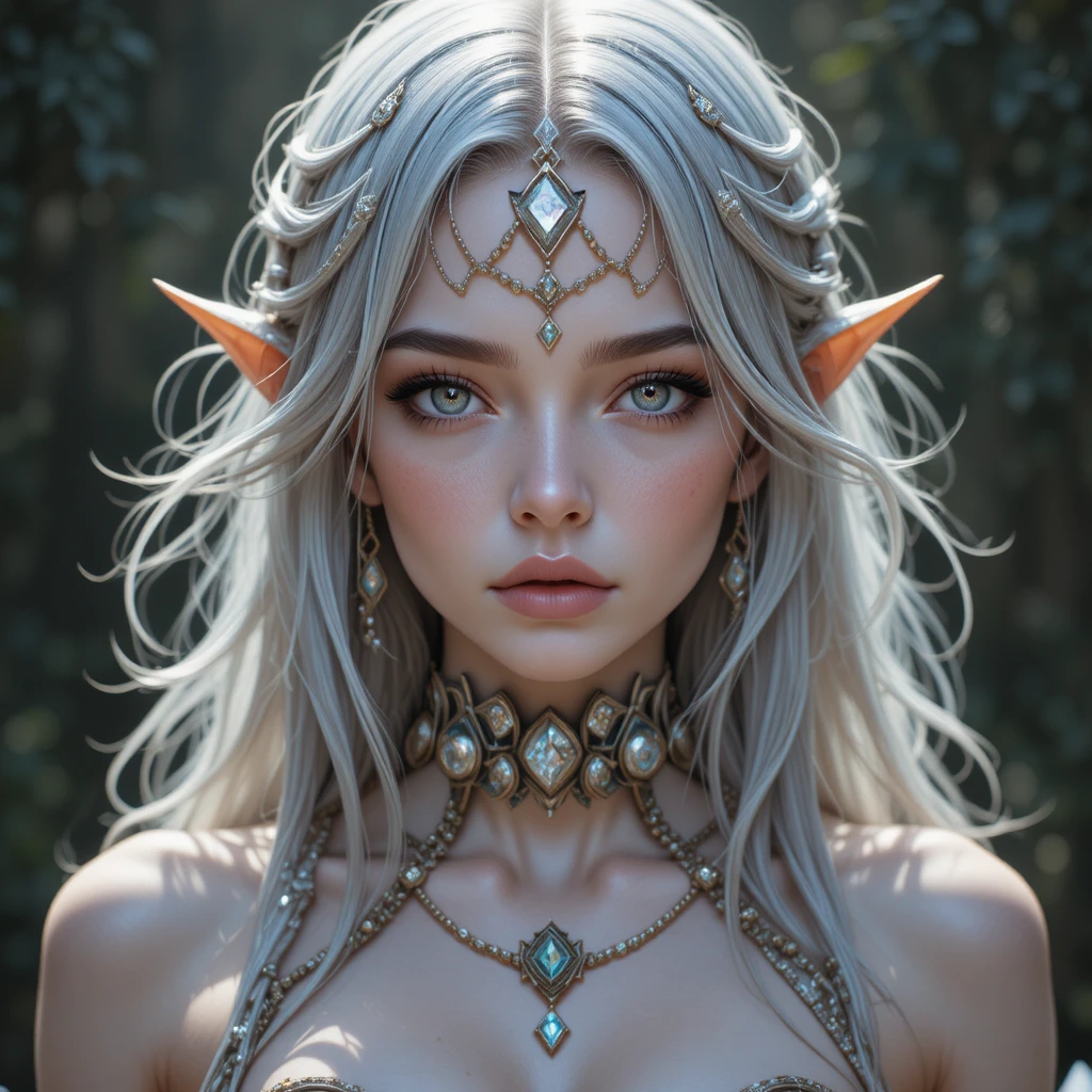 Silver skinned goddess with golden eyes and glowing chains