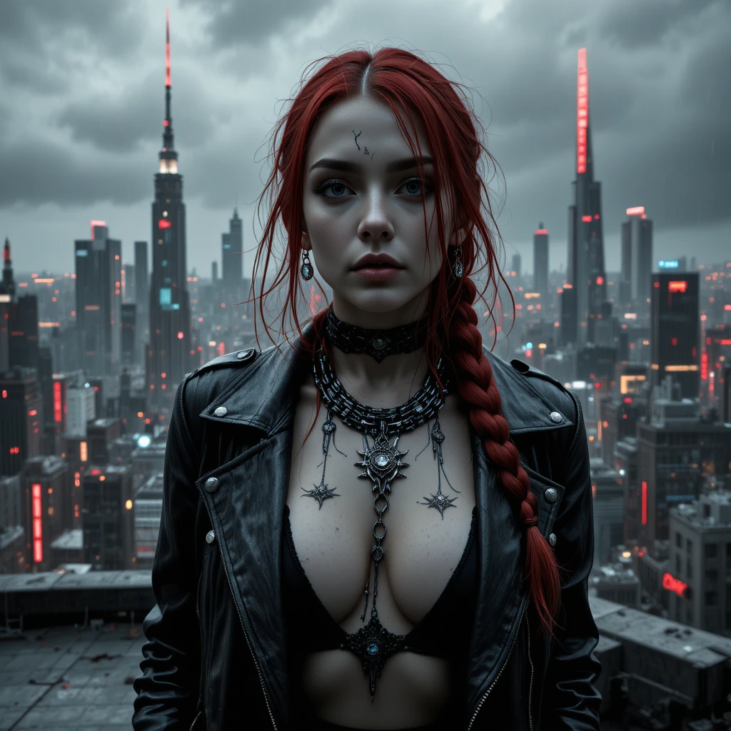 Donna cyberpunk su un tetto brutalista in una città in tempesta