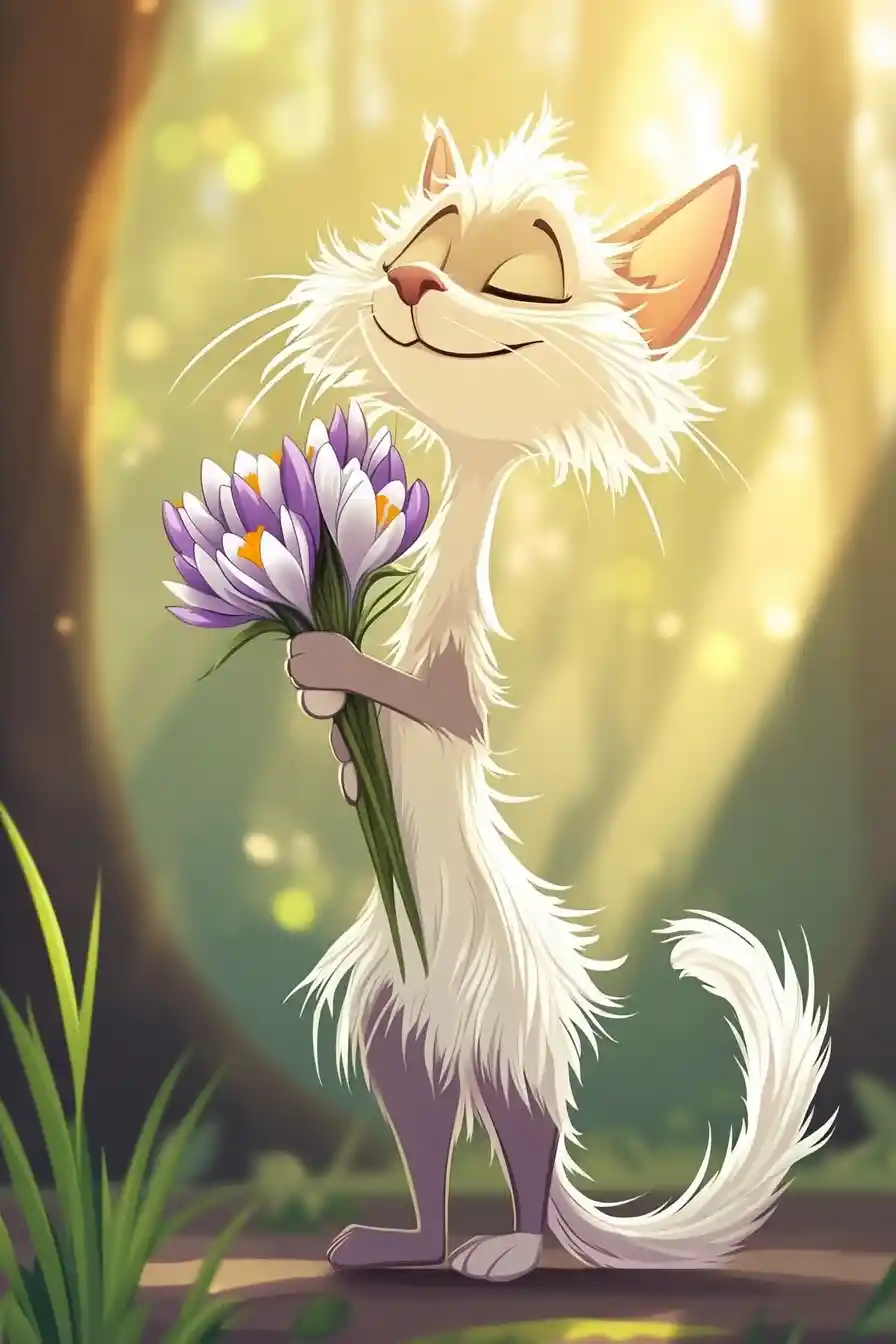 Whimsical Cartoon Cat With Crocuses In A Spring Forest