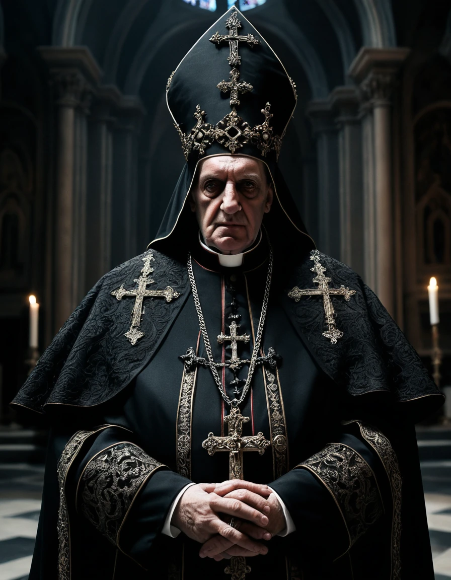 Dark pope figure in black orthodox regalia with inverted crosses