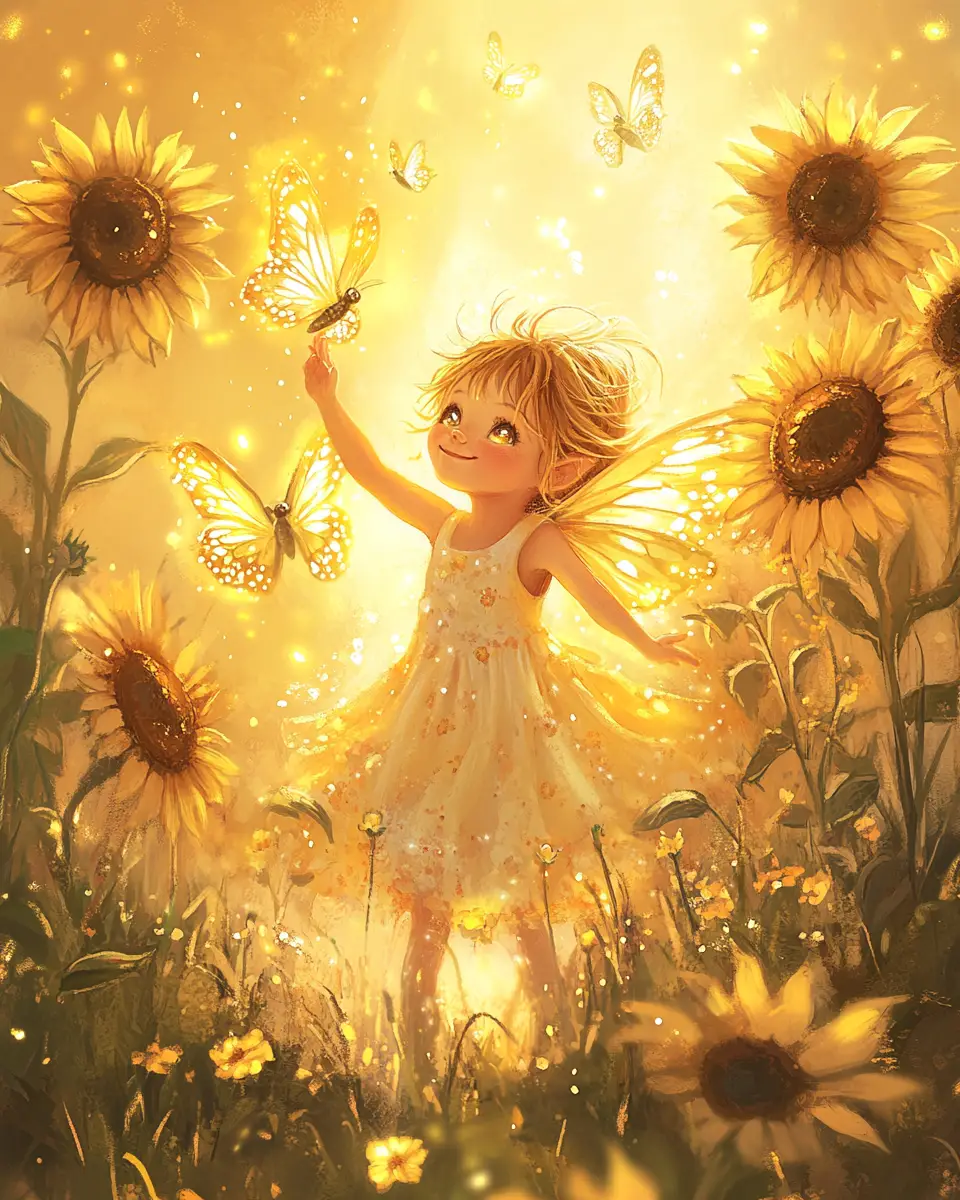Summer fairy child reaching for glowing butterflies