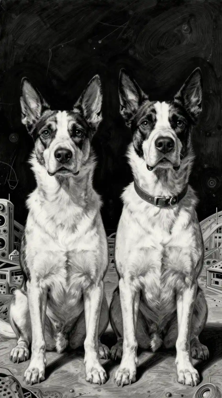 Two contrasting dogs in a sci fi panoramic illustration