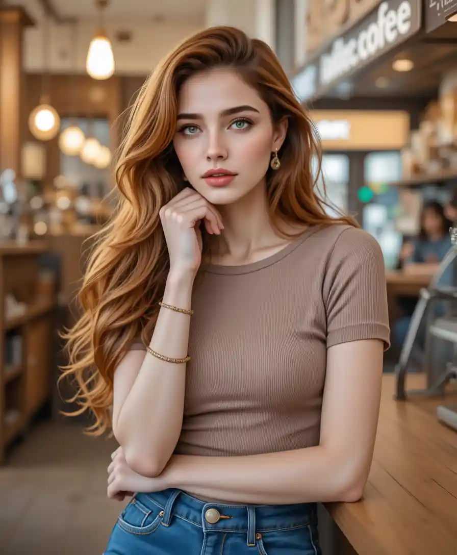 Redhead woman portrait in a modern coffee shop